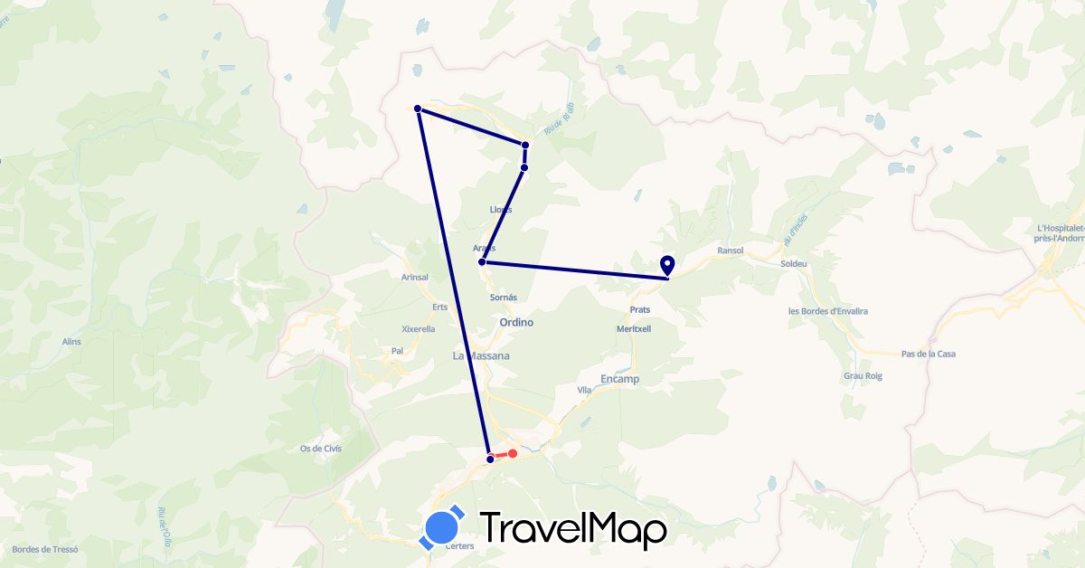 TravelMap itinerary: driving, hiking in Andorra (Europe)