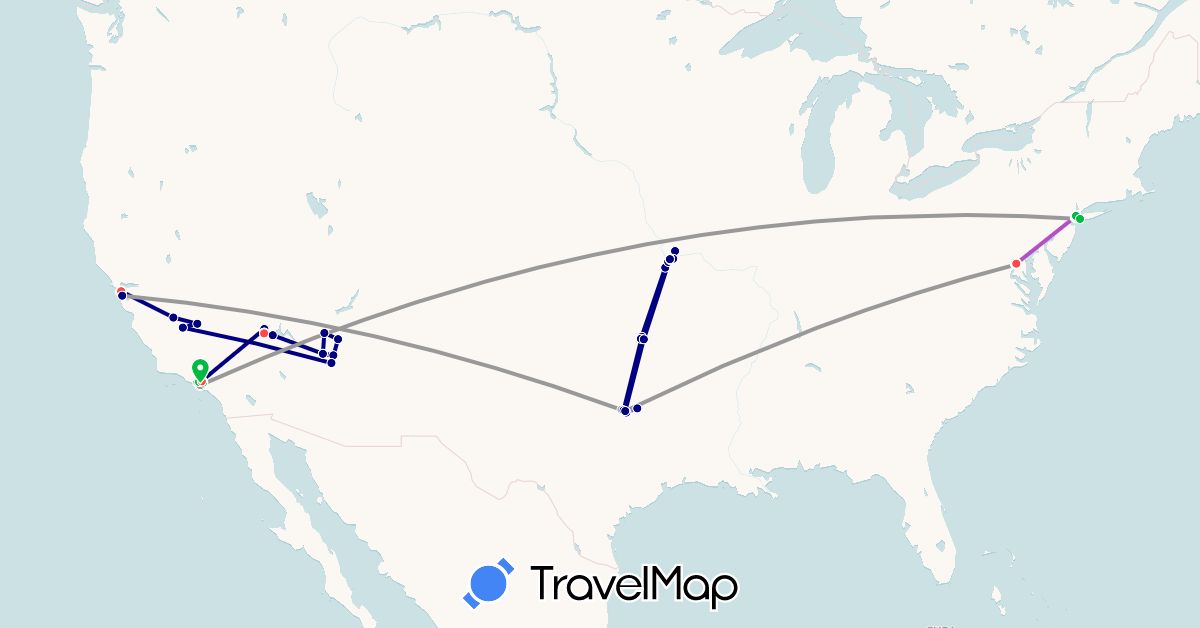 TravelMap itinerary: driving, bus, plane, train, hiking, boat in United States (North America)