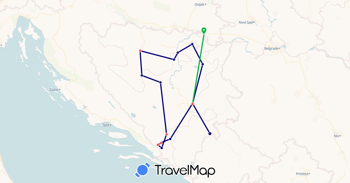 TravelMap itinerary: driving, bus, hiking in Bosnia and Herzegovina (Europe)