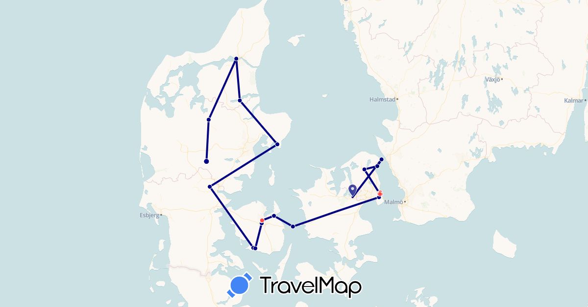 TravelMap itinerary: driving, bus, train, hiking in Denmark (Europe)